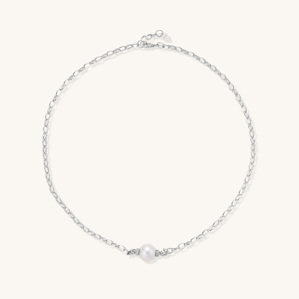 Sterling silver chain necklace with single white freshwater pearl centerpiece on neutral background, 445mm length.