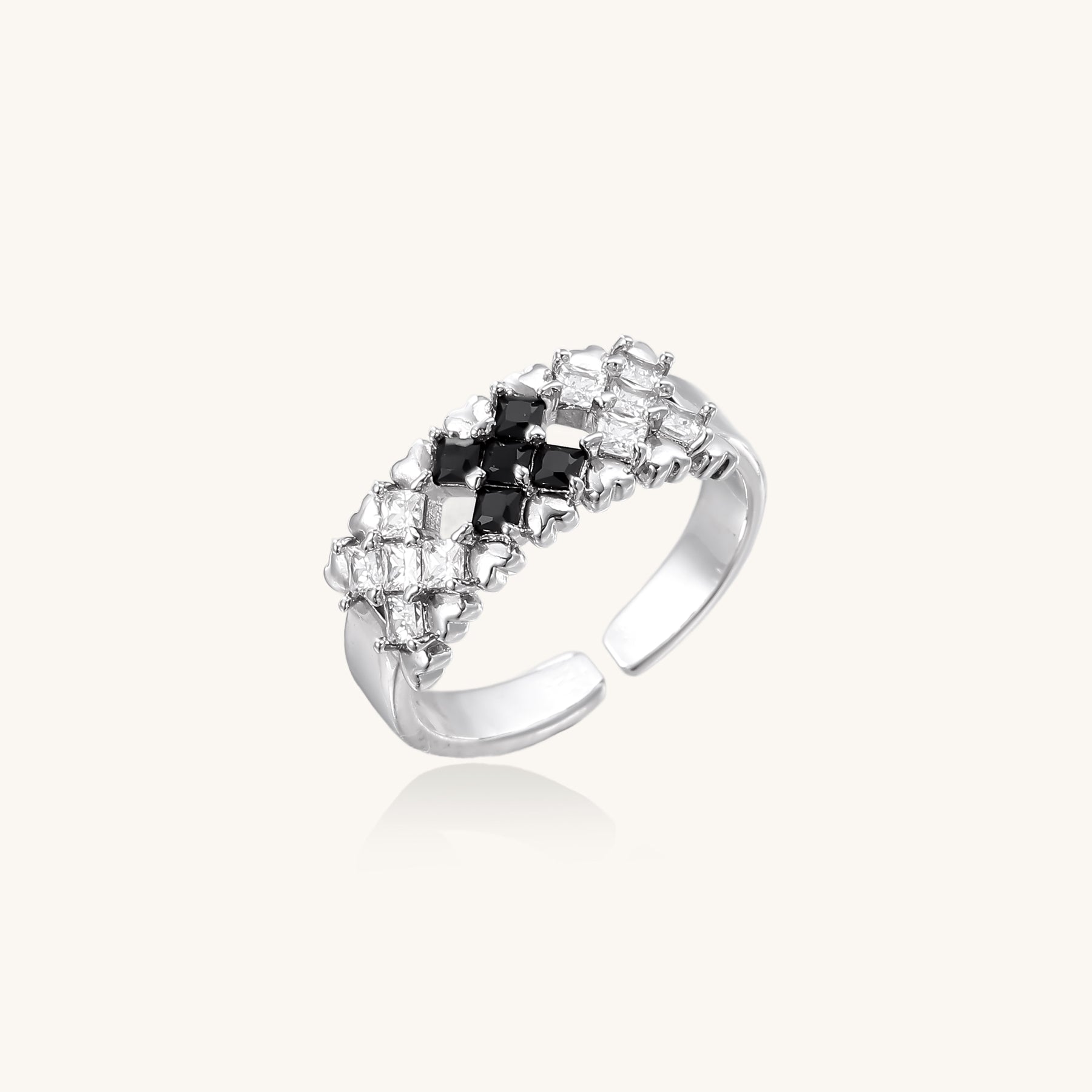 18K gold plated brass adjustable ring featuring geometric square-cut zirconia stones in clear and accent colors
