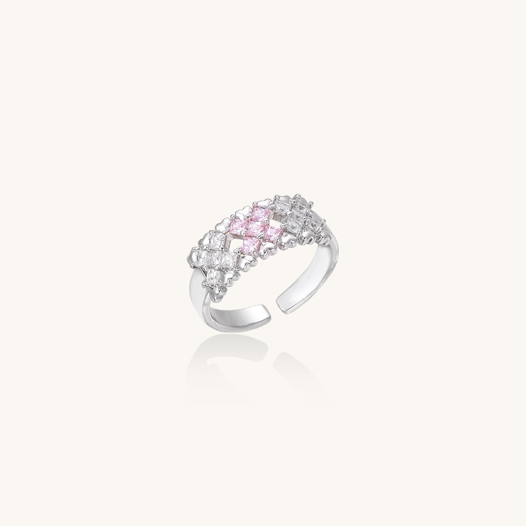 18K gold plated brass adjustable ring featuring geometric square-cut zirconia stones in clear and accent colors