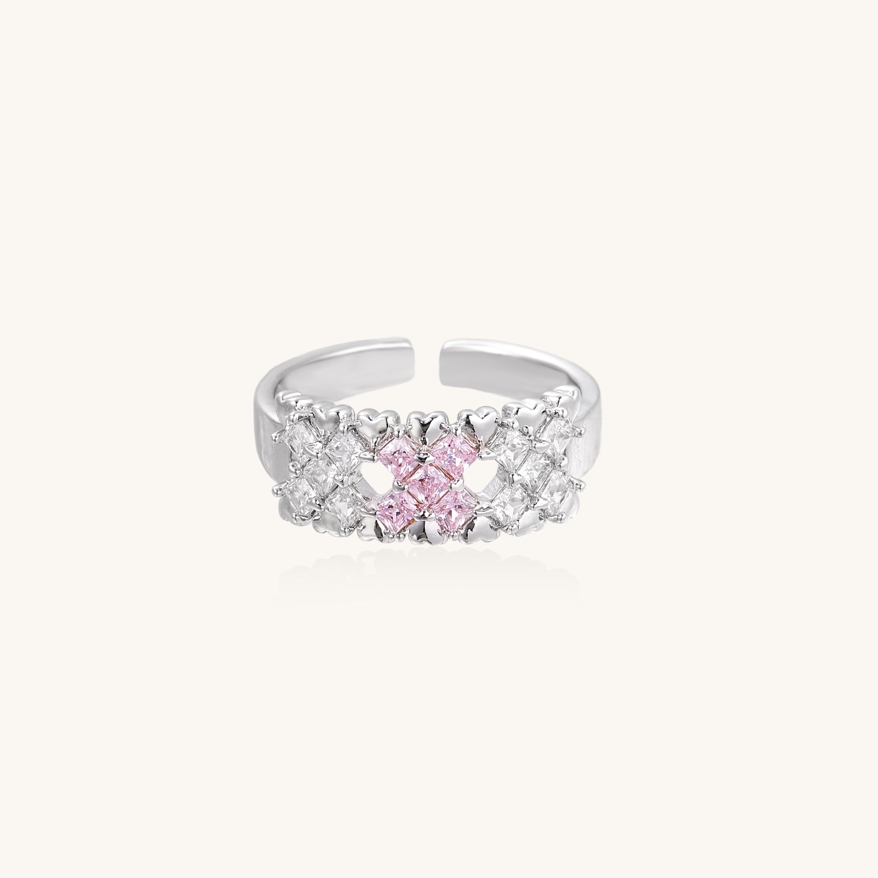 18K gold plated brass adjustable ring featuring geometric square-cut zirconia stones in clear and accent colors