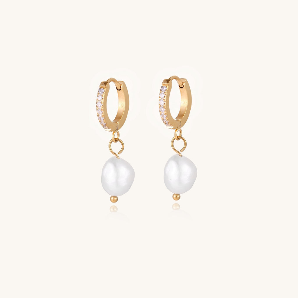 18K gold plated hoop earrings with freshwater pearl drops on neutral background, showing elegant minimalist design.